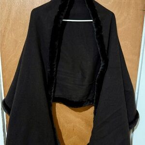 J. McLaughlin Elegant Chocolate Brown 100% Wool Poncho with Faux Fur Edging